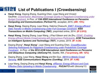 Institut Mines-Télécom
List of Publications I (Crowdsensing)
■ Haoyi Xiong, Daqing Zhang, Guanling Chen, Leye Wang and Vincent
Gauthier, CrowdTasker: Maximizing Coverage Quality in Piggyback Crowdsensing under
Budget Constraint, In Proc. of 13th IEEE International Conference on Pervasive
Computing and Communications (PerCom'15), accepted, 2015. (AR: 15%)
■ Haoyi Xiong, Daqing Zhang, Leye Wang, Hakima Chaouchi, EMC3: Energy-efficient
Data Transfer in Mobile Crowdsensing under Full Coverage Constraint, IEEE
Transactions on Mobile Computing (TMC), preprinted online, 2014. (IF:2.912)
■ Haoyi Xiong, Daqing Zhang, Leye Wang, J.Paul Gibson and Jie Zhu, EEMC: Enabling
Energy-efficient Mobile Crowd-sensing with Anonymous Participants, ACM Transactions
on Intelligent Systems and Technology (TIST), in press, 2014. (IF: 9.39)
■ Daqing Zhang*, Haoyi Xiong*, Leye Wang and Guanling Chen, CrowdRecruiter:
Selecting Participants for Piggyback Crowdsensing under Probabilistic Coverage
Constraint, In Proc. of the 2014 ACM International Joint Conference on Pervasive
and Ubiquitous Computing (UbiComp'14), Seattle, WA. (*co-primary, AR: 12%)
■ Daqing Zhang, Leye Wang, Haoyi Xiong and Bin Guo. 4W1H in Mobile Crowd
Sensing. IEEE Communications Magazine (ComMag), 2014. (IF: 4.46)
■ Leye Wang, Daqing Zhang and Haoyi Xiong, effSense: Energy-Efficient and Cost-
Effective Data Uploading in Mobile Crowdsensing , PUCAA'13 with Ubicomp'13.
■ 22 Jan 201561
 