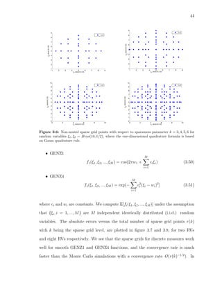 44
1 2 3 4 5 6 7 8 9
1
2
3
4
5
6
7
8
9
1
bino(10,1/2)
2
bino(10,1/2)
k=3
1 2 3 4 5 6 7 8 9
1
2
3
4
5
6
7
8
9
1
bino(10,1/2)
2
bino(10,1/2)
k=4
0 2 4 6 8 10
0
1
2
3
4
5
6
7
8
9
10
1
bino(10,1/2)
2
bino(10,1/2)
k=5
0 2 4 6 8 10
0
1
2
3
4
5
6
7
8
9
10
1
bino(10,1/2)
2
bino(10,1/2)
k=6
Figure 3.6: Non-nested sparse grid points with respect to sparseness parameter k = 3, 4, 5, 6 for
random variables ξ1, ξ2 ∼ Bino(10, 1/2), where the one-dimensional quadrature formula is based
on Gauss quadrature rule.
• GENZ1
f1(ξ1, ξ2, ..., ξM ) = cos(2πw1 +
M
i=1
ciξi) (3.50)
• GENZ4
f4(ξ1, ξ2, ..., ξM ) = exp[−
M
i=1
c2
i (ξi − wi)2
] (3.51)
where ci and wi are constants. We compute E[fi(ξ1, ξ2, ..., ξM )] under the assumption
that {ξi, i = 1, ..., M} are M independent identically distributed (i.i.d.) random
variables. The absolute errors versus the total number of sparse grid points r(k)
with k being the sparse grid level, are plotted in ﬁgure 3.7 and 3.8, for two RVs
and eight RVs respectively. We see that the sparse grids for discrete measures work
well for smooth GENZ1 and GENZ4 functions, and the convergence rate is much
faster than the Monte Carlo simulations with a convergence rate O(r(k)−1/2
). In
 