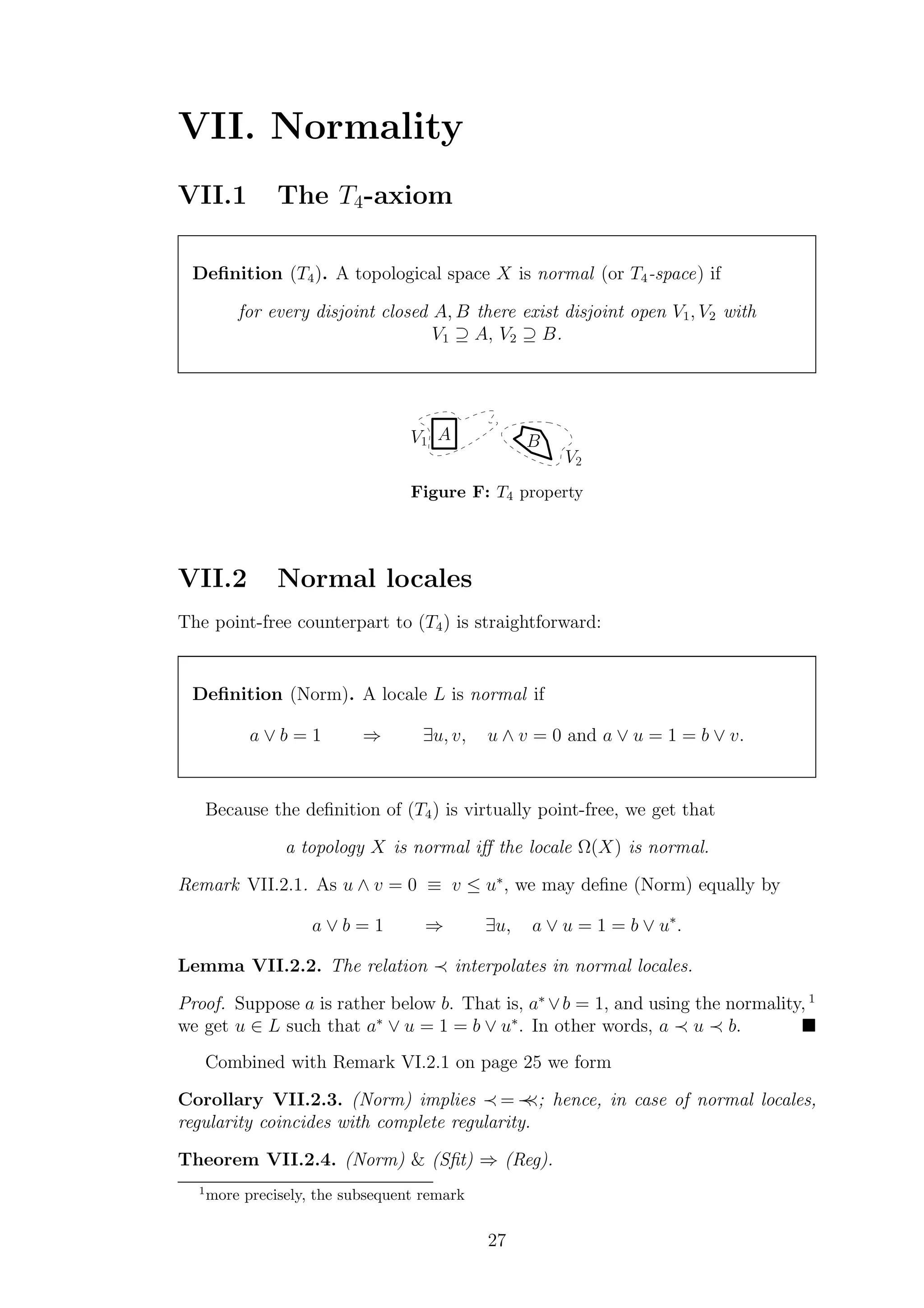 VII. Normality
VII.1 The T4-axiom
Deﬁnition (T4). A topological space X is normal (or T4-space) if
for every disjoint closed A, B there exist disjoint open V1, V2 with
V1 ⊇ A, V2 ⊇ B.
A BV1
V2
Figure F: T4 property
VII.2 Normal locales
The point-free counterpart to (T4) is straightforward:
Deﬁnition (Norm). A locale L is normal if
a ∨ b = 1 ⇒ ∃u, v, u ∧ v = 0 and a ∨ u = 1 = b ∨ v.
Because the deﬁnition of (T4) is virtually point-free, we get that
a topology X is normal iﬀ the locale Ω(X) is normal.
Remark VII.2.1. As u ∧ v = 0 ≡ v ≤ u∗
, we may deﬁne (Norm) equally by
a ∨ b = 1 ⇒ ∃u, a ∨ u = 1 = b ∨ u∗
.
Lemma VII.2.2. The relation ≺ interpolates in normal locales.
Proof. Suppose a is rather below b. That is, a∗
∨b = 1, and using the normality, 1
we get u ∈ L such that a∗
∨ u = 1 = b ∨ u∗
. In other words, a ≺ u ≺ b.
Combined with Remark VI.2.1 on page 25 we form
Corollary VII.2.3. (Norm) implies ≺ = ≺≺; hence, in case of normal locales,
regularity coincides with complete regularity.
Theorem VII.2.4. (Norm) & (Sﬁt) ⇒ (Reg).
1
more precisely, the subsequent remark
27
 