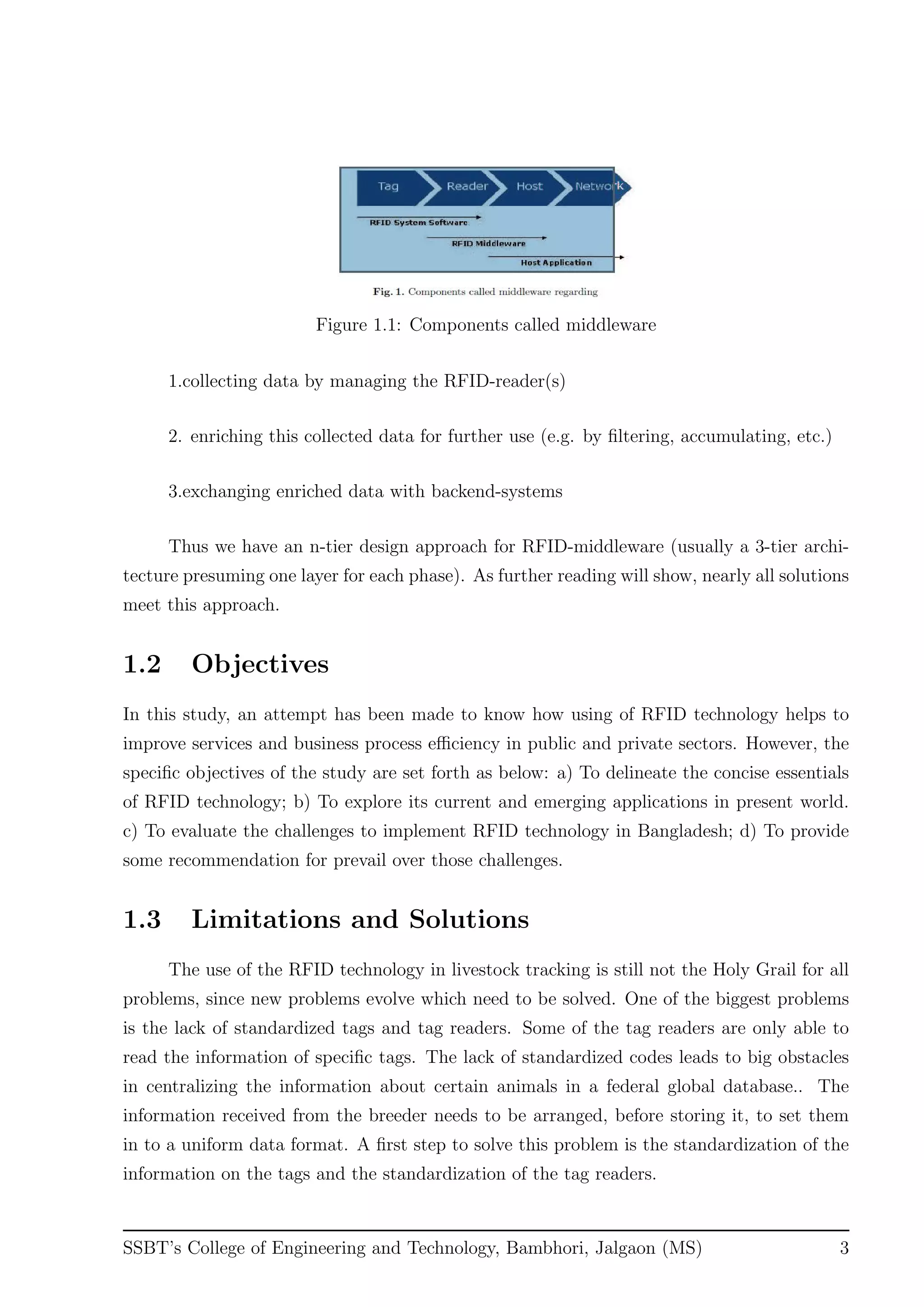 Figure 1.1: Components called middleware
1.collecting data by managing the RFID-reader(s)
2. enriching this collected data for further use (e.g. by ﬁltering, accumulating, etc.)
3.exchanging enriched data with backend-systems
Thus we have an n-tier design approach for RFID-middleware (usually a 3-tier archi-
tecture presuming one layer for each phase). As further reading will show, nearly all solutions
meet this approach.
1.2 Objectives
In this study, an attempt has been made to know how using of RFID technology helps to
improve services and business process eﬃciency in public and private sectors. However, the
speciﬁc objectives of the study are set forth as below: a) To delineate the concise essentials
of RFID technology; b) To explore its current and emerging applications in present world.
c) To evaluate the challenges to implement RFID technology in Bangladesh; d) To provide
some recommendation for prevail over those challenges.
1.3 Limitations and Solutions
The use of the RFID technology in livestock tracking is still not the Holy Grail for all
problems, since new problems evolve which need to be solved. One of the biggest problems
is the lack of standardized tags and tag readers. Some of the tag readers are only able to
read the information of speciﬁc tags. The lack of standardized codes leads to big obstacles
in centralizing the information about certain animals in a federal global database.. The
information received from the breeder needs to be arranged, before storing it, to set them
in to a uniform data format. A ﬁrst step to solve this problem is the standardization of the
information on the tags and the standardization of the tag readers.
SSBT’s College of Engineering and Technology, Bambhori, Jalgaon (MS) 3
 
