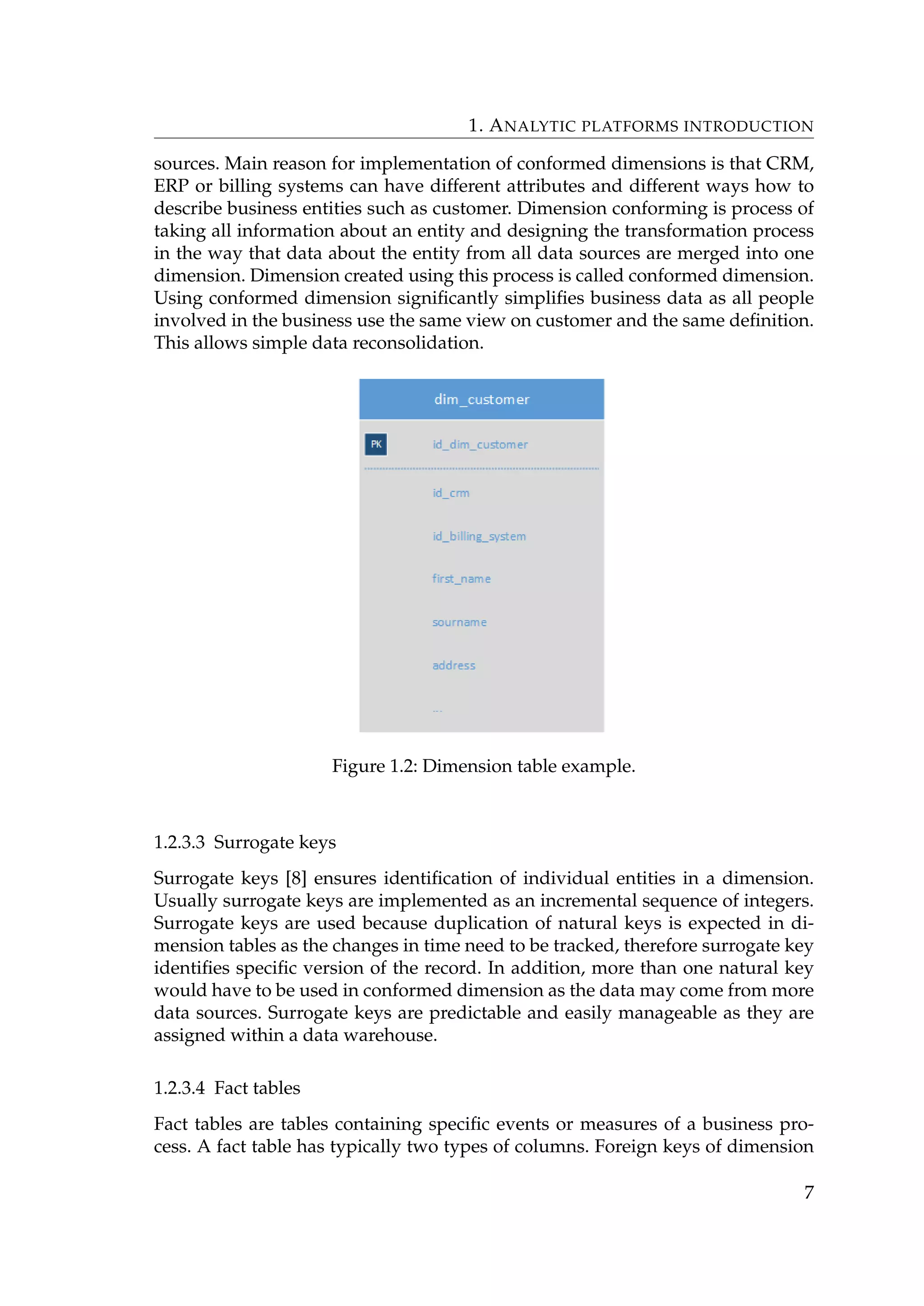 1. ANALYTIC PLATFORMS INTRODUCTION
sources. Main reason for implementation of conformed dimensions is that CRM,
ERP or billing systems can have different attributes and different ways how to
describe business entities such as customer. Dimension conforming is process of
taking all information about an entity and designing the transformation process
in the way that data about the entity from all data sources are merged into one
dimension. Dimension created using this process is called conformed dimension.
Using conformed dimension signiﬁcantly simpliﬁes business data as all people
involved in the business use the same view on customer and the same deﬁnition.
This allows simple data reconsolidation.
Figure 1.2: Dimension table example.
1.2.3.3 Surrogate keys
Surrogate keys [8] ensures identiﬁcation of individual entities in a dimension.
Usually surrogate keys are implemented as an incremental sequence of integers.
Surrogate keys are used because duplication of natural keys is expected in di-
mension tables as the changes in time need to be tracked, therefore surrogate key
identiﬁes speciﬁc version of the record. In addition, more than one natural key
would have to be used in conformed dimension as the data may come from more
data sources. Surrogate keys are predictable and easily manageable as they are
assigned within a data warehouse.
1.2.3.4 Fact tables
Fact tables are tables containing speciﬁc events or measures of a business pro-
cess. A fact table has typically two types of columns. Foreign keys of dimension
7
 