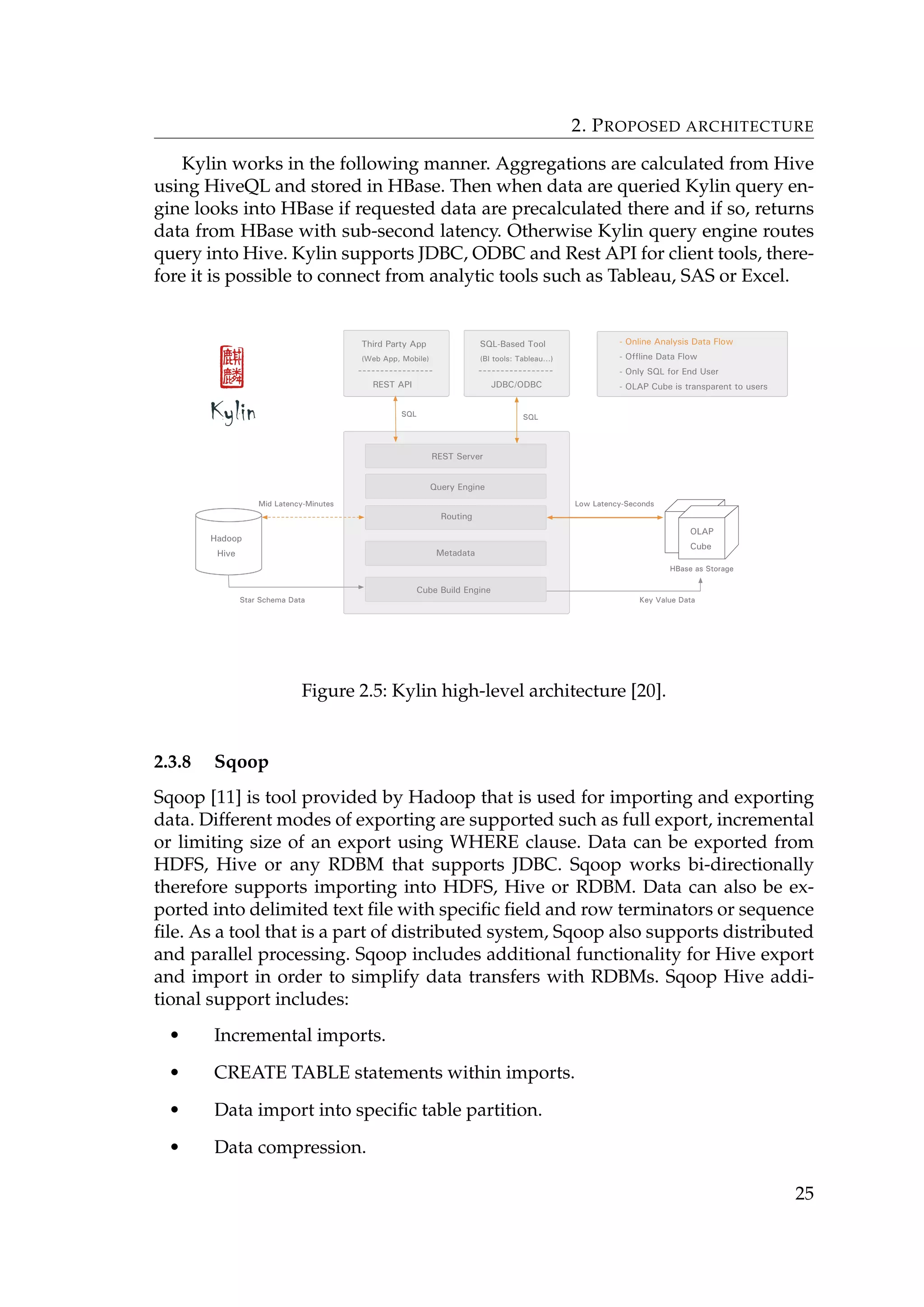 2. PROPOSED ARCHITECTURE
Kylin works in the following manner. Aggregations are calculated from Hive
using HiveQL and stored in HBase. Then when data are queried Kylin query en-
gine looks into HBase if requested data are precalculated there and if so, returns
data from HBase with sub-second latency. Otherwise Kylin query engine routes
query into Hive. Kylin supports JDBC, ODBC and Rest API for client tools, there-
fore it is possible to connect from analytic tools such as Tableau, SAS or Excel.
Figure 2.5: Kylin high-level architecture [20].
2.3.8 Sqoop
Sqoop [11] is tool provided by Hadoop that is used for importing and exporting
data. Different modes of exporting are supported such as full export, incremental
or limiting size of an export using WHERE clause. Data can be exported from
HDFS, Hive or any RDBM that supports JDBC. Sqoop works bi-directionally
therefore supports importing into HDFS, Hive or RDBM. Data can also be ex-
ported into delimited text ﬁle with speciﬁc ﬁeld and row terminators or sequence
ﬁle. As a tool that is a part of distributed system, Sqoop also supports distributed
and parallel processing. Sqoop includes additional functionality for Hive export
and import in order to simplify data transfers with RDBMs. Sqoop Hive addi-
tional support includes:
• Incremental imports.
• CREATE TABLE statements within imports.
• Data import into speciﬁc table partition.
• Data compression.
25
 