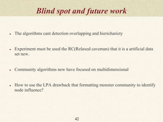 Blind spot and future work
● The algorithms cant detection overlapping and hiericharicty
● Experiment must be used the RC(Relaxed caveman) that it is a artificial data
set new.
● Community algorithms new have focused on multidimensional
● How to use the LPA drawback that formatting monster community to identify
node influence?
42
 