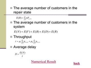  The average number of customers in the
repair state
 The average number of customers in the
system
 Throughput
 Average delay




1
)3,()(
n
nnPRE
)()()()()( REDEBEVENE 






1
)1,(
1
)0,(
n
nB
n
nv pp mm

)(NE
D 
Numerical Result back
 