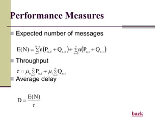 Performance Measures
 Expected number of messages
 Throughput
 Average delay
   




 0n
1,n1,n
1N
1n
0,n0,n
QPnQPn)N(E





 1n
1,n1
1n
1,n0
QP mm

)N(E
D 
back
 