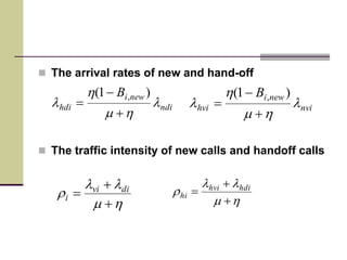ndi
newi
hdi
B
l
hm
h
l



)1( ,
nvi
newi
hvi
B
l
hm
h
l



)1( ,
 The arrival rates of new and hand-off
 The traffic intensity of new calls and handoff calls
hm
ll



 divi
i hm
ll



 hdihvi
hi
 