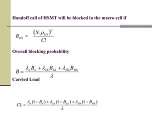 Handoff call of HSMT will be blocked in the macro cell if
Overall blocking probability
Carried Load
 
!
.
C
N
B
C
Hh
Hh


l
lll HhHhLhLhnn BBB
B


l
lll )1()1()1( HhHhLhLhnn BBB
CL


 