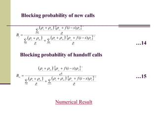 Blocking probability of new calls
   
     
 






 



s
i
c
si
si
n
s
Lhn
i
Lhn
c
si
si
n
s
Lhn
n
i
sif
i
i
sif
B
Lh
Lh
0 1
1
!
)(
!
!
)(


…14
Blocking probability of handoff calls
   
     
 





 


s
i
c
si
si
n
s
Lhn
i
Lhn
si
n
s
Lhn
Lh
i
sif
i
c
sif
B
Lh
Lh
0 1
!
)(
!
!
)(


…15
Numerical Result
 