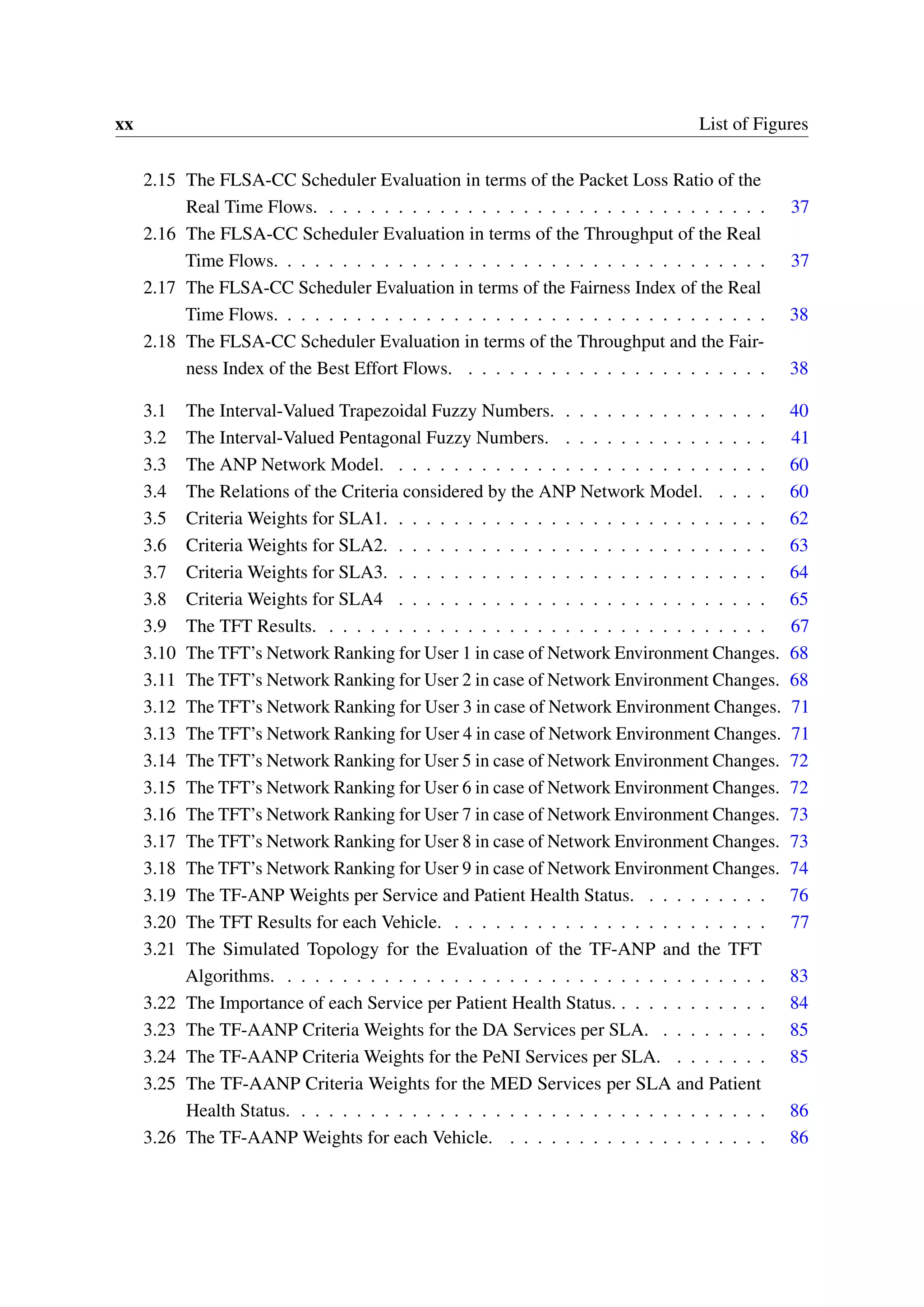 xx List of Figures
2.15 The FLSA-CC Scheduler Evaluation in terms of the Packet Loss Ratio of the
Real Time Flows. . . . . . . . . . . . . . . . . . . . . . . . . . . . . . . . . 37
2.16 The FLSA-CC Scheduler Evaluation in terms of the Throughput of the Real
Time Flows. . . . . . . . . . . . . . . . . . . . . . . . . . . . . . . . . . . . 37
2.17 The FLSA-CC Scheduler Evaluation in terms of the Fairness Index of the Real
Time Flows. . . . . . . . . . . . . . . . . . . . . . . . . . . . . . . . . . . . 38
2.18 The FLSA-CC Scheduler Evaluation in terms of the Throughput and the Fair-
ness Index of the Best Effort Flows. . . . . . . . . . . . . . . . . . . . . . . 38
3.1 The Interval-Valued Trapezoidal Fuzzy Numbers. . . . . . . . . . . . . . . . 40
3.2 The Interval-Valued Pentagonal Fuzzy Numbers. . . . . . . . . . . . . . . . 41
3.3 The ANP Network Model. . . . . . . . . . . . . . . . . . . . . . . . . . . . 60
3.4 The Relations of the Criteria considered by the ANP Network Model. . . . . 60
3.5 Criteria Weights for SLA1. . . . . . . . . . . . . . . . . . . . . . . . . . . . 62
3.6 Criteria Weights for SLA2. . . . . . . . . . . . . . . . . . . . . . . . . . . . 63
3.7 Criteria Weights for SLA3. . . . . . . . . . . . . . . . . . . . . . . . . . . . 64
3.8 Criteria Weights for SLA4 . . . . . . . . . . . . . . . . . . . . . . . . . . . 65
3.9 The TFT Results. . . . . . . . . . . . . . . . . . . . . . . . . . . . . . . . . 67
3.10 The TFT’s Network Ranking for User 1 in case of Network Environment Changes. 68
3.11 The TFT’s Network Ranking for User 2 in case of Network Environment Changes. 68
3.12 The TFT’s Network Ranking for User 3 in case of Network Environment Changes. 71
3.13 The TFT’s Network Ranking for User 4 in case of Network Environment Changes. 71
3.14 The TFT’s Network Ranking for User 5 in case of Network Environment Changes. 72
3.15 The TFT’s Network Ranking for User 6 in case of Network Environment Changes. 72
3.16 The TFT’s Network Ranking for User 7 in case of Network Environment Changes. 73
3.17 The TFT’s Network Ranking for User 8 in case of Network Environment Changes. 73
3.18 The TFT’s Network Ranking for User 9 in case of Network Environment Changes. 74
3.19 The TF-ANP Weights per Service and Patient Health Status. . . . . . . . . . 76
3.20 The TFT Results for each Vehicle. . . . . . . . . . . . . . . . . . . . . . . . 77
3.21 The Simulated Topology for the Evaluation of the TF-ANP and the TFT
Algorithms. . . . . . . . . . . . . . . . . . . . . . . . . . . . . . . . . . . . 83
3.22 The Importance of each Service per Patient Health Status. . . . . . . . . . . . 84
3.23 The TF-AANP Criteria Weights for the DA Services per SLA. . . . . . . . . 85
3.24 The TF-AANP Criteria Weights for the PeNI Services per SLA. . . . . . . . 85
3.25 The TF-AANP Criteria Weights for the MED Services per SLA and Patient
Health Status. . . . . . . . . . . . . . . . . . . . . . . . . . . . . . . . . . . 86
3.26 The TF-AANP Weights for each Vehicle. . . . . . . . . . . . . . . . . . . . 86
 