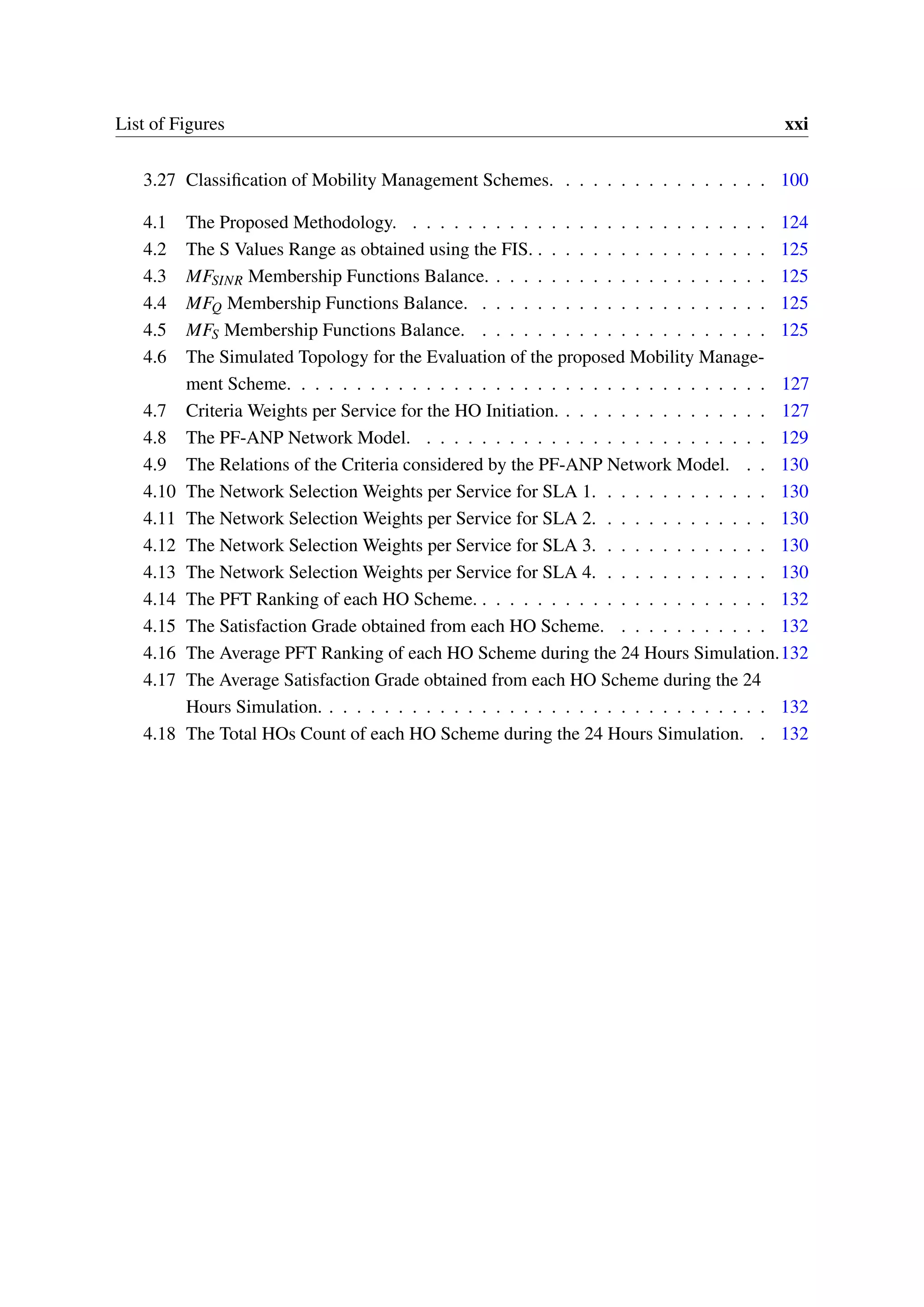 List of Figures xxi
3.27 Classification of Mobility Management Schemes. . . . . . . . . . . . . . . . 100
4.1 The Proposed Methodology. . . . . . . . . . . . . . . . . . . . . . . . . . . 124
4.2 The S Values Range as obtained using the FIS. . . . . . . . . . . . . . . . . . 125
4.3 MFSINR Membership Functions Balance. . . . . . . . . . . . . . . . . . . . . 125
4.4 MFQ Membership Functions Balance. . . . . . . . . . . . . . . . . . . . . . 125
4.5 MFS Membership Functions Balance. . . . . . . . . . . . . . . . . . . . . . 125
4.6 The Simulated Topology for the Evaluation of the proposed Mobility Manage-
ment Scheme. . . . . . . . . . . . . . . . . . . . . . . . . . . . . . . . . . . 127
4.7 Criteria Weights per Service for the HO Initiation. . . . . . . . . . . . . . . . 127
4.8 The PF-ANP Network Model. . . . . . . . . . . . . . . . . . . . . . . . . . 129
4.9 The Relations of the Criteria considered by the PF-ANP Network Model. . . 130
4.10 The Network Selection Weights per Service for SLA 1. . . . . . . . . . . . . 130
4.11 The Network Selection Weights per Service for SLA 2. . . . . . . . . . . . . 130
4.12 The Network Selection Weights per Service for SLA 3. . . . . . . . . . . . . 130
4.13 The Network Selection Weights per Service for SLA 4. . . . . . . . . . . . . 130
4.14 The PFT Ranking of each HO Scheme. . . . . . . . . . . . . . . . . . . . . . 132
4.15 The Satisfaction Grade obtained from each HO Scheme. . . . . . . . . . . . 132
4.16 The Average PFT Ranking of each HO Scheme during the 24 Hours Simulation.132
4.17 The Average Satisfaction Grade obtained from each HO Scheme during the 24
Hours Simulation. . . . . . . . . . . . . . . . . . . . . . . . . . . . . . . . . 132
4.18 The Total HOs Count of each HO Scheme during the 24 Hours Simulation. . 132
 