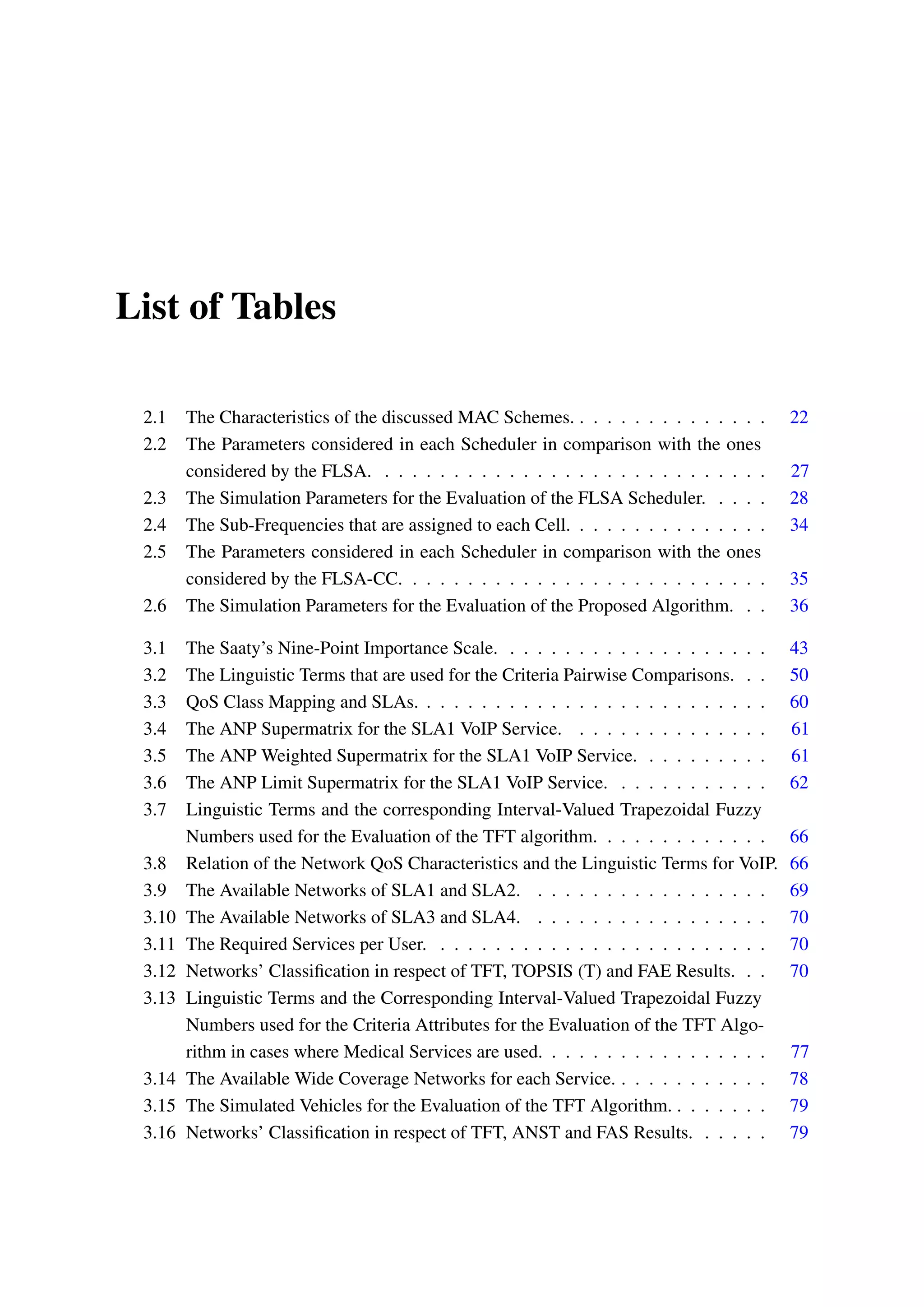 List of Tables
2.1 The Characteristics of the discussed MAC Schemes. . . . . . . . . . . . . . . 22
2.2 The Parameters considered in each Scheduler in comparison with the ones
considered by the FLSA. . . . . . . . . . . . . . . . . . . . . . . . . . . . . 27
2.3 The Simulation Parameters for the Evaluation of the FLSA Scheduler. . . . . 28
2.4 The Sub-Frequencies that are assigned to each Cell. . . . . . . . . . . . . . . 34
2.5 The Parameters considered in each Scheduler in comparison with the ones
considered by the FLSA-CC. . . . . . . . . . . . . . . . . . . . . . . . . . . 35
2.6 The Simulation Parameters for the Evaluation of the Proposed Algorithm. . . 36
3.1 The Saaty’s Nine-Point Importance Scale. . . . . . . . . . . . . . . . . . . . 43
3.2 The Linguistic Terms that are used for the Criteria Pairwise Comparisons. . . 50
3.3 QoS Class Mapping and SLAs. . . . . . . . . . . . . . . . . . . . . . . . . . 60
3.4 The ANP Supermatrix for the SLA1 VoIP Service. . . . . . . . . . . . . . . 61
3.5 The ANP Weighted Supermatrix for the SLA1 VoIP Service. . . . . . . . . . 61
3.6 The ANP Limit Supermatrix for the SLA1 VoIP Service. . . . . . . . . . . . 62
3.7 Linguistic Terms and the corresponding Interval-Valued Trapezoidal Fuzzy
Numbers used for the Evaluation of the TFT algorithm. . . . . . . . . . . . . 66
3.8 Relation of the Network QoS Characteristics and the Linguistic Terms for VoIP. 66
3.9 The Available Networks of SLA1 and SLA2. . . . . . . . . . . . . . . . . . 69
3.10 The Available Networks of SLA3 and SLA4. . . . . . . . . . . . . . . . . . 70
3.11 The Required Services per User. . . . . . . . . . . . . . . . . . . . . . . . . 70
3.12 Networks’ Classification in respect of TFT, TOPSIS (T) and FAE Results. . . 70
3.13 Linguistic Terms and the Corresponding Interval-Valued Trapezoidal Fuzzy
Numbers used for the Criteria Attributes for the Evaluation of the TFT Algo-
rithm in cases where Medical Services are used. . . . . . . . . . . . . . . . . 77
3.14 The Available Wide Coverage Networks for each Service. . . . . . . . . . . . 78
3.15 The Simulated Vehicles for the Evaluation of the TFT Algorithm. . . . . . . . 79
3.16 Networks’ Classification in respect of TFT, ANST and FAS Results. . . . . . 79
 