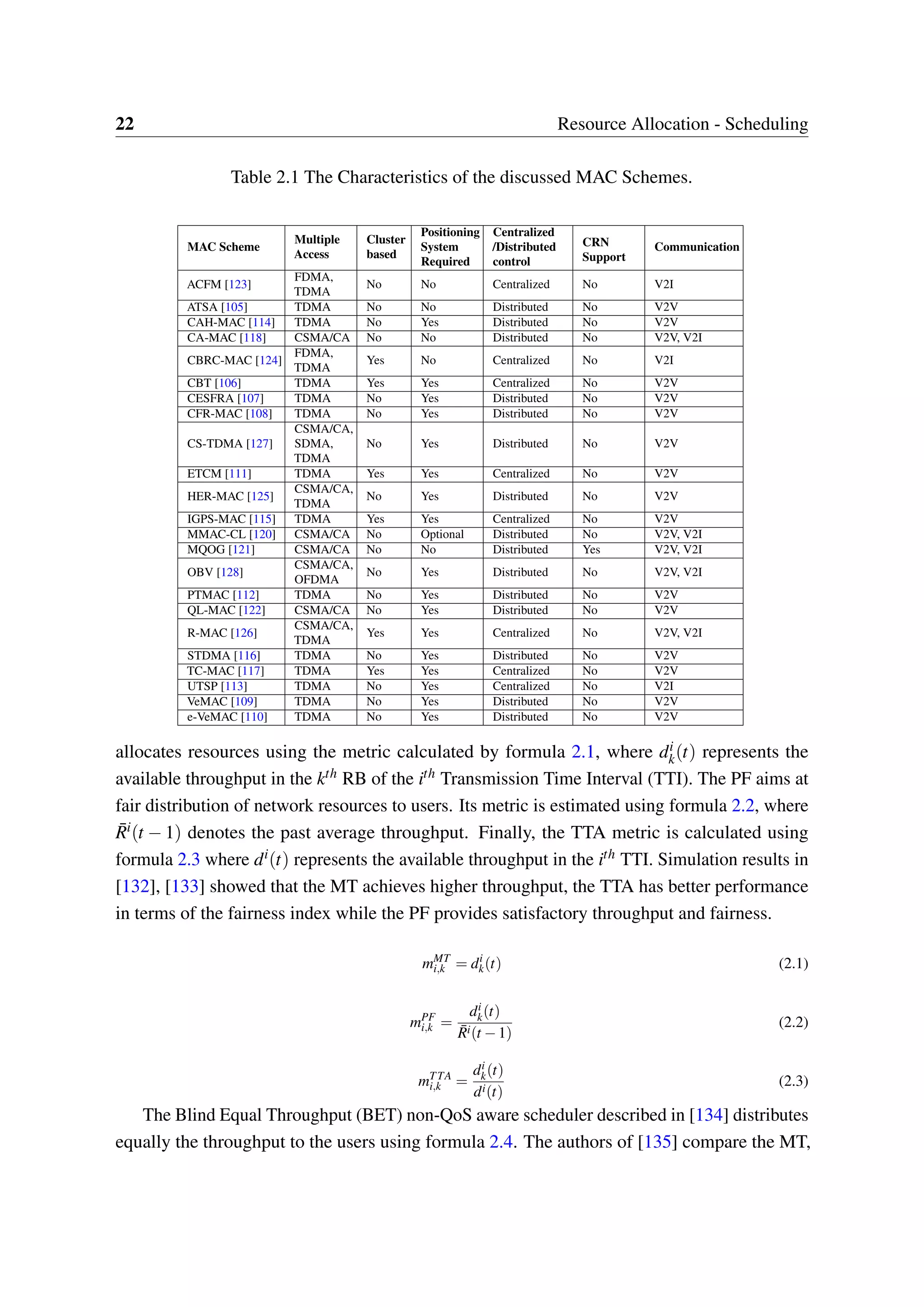 22 Resource Allocation - Scheduling
Table 2.1 The Characteristics of the discussed MAC Schemes.
MAC Scheme
Multiple
Access
Cluster
based
Positioning
System
Required
Centralized
/Distributed
control
CRN
Support
Communication
ACFM [123]
FDMA,
TDMA
No No Centralized No V2I
ATSA [105] TDMA No No Distributed No V2V
CAH-MAC [114] TDMA No Yes Distributed No V2V
CA-MAC [118] CSMA/CA No No Distributed No V2V, V2I
CBRC-MAC [124]
FDMA,
TDMA
Yes No Centralized No V2I
CBT [106] TDMA Yes Yes Centralized No V2V
CESFRA [107] TDMA No Yes Distributed No V2V
CFR-MAC [108] TDMA No Yes Distributed No V2V
CS-TDMA [127]
CSMA/CA,
SDMA,
TDMA
No Yes Distributed No V2V
ETCM [111] TDMA Yes Yes Centralized No V2V
HER-MAC [125]
CSMA/CA,
TDMA
No Yes Distributed No V2V
IGPS-MAC [115] TDMA Yes Yes Centralized No V2V
MMAC-CL [120] CSMA/CA No Optional Distributed No V2V, V2I
MQOG [121] CSMA/CA No No Distributed Yes V2V, V2I
OBV [128]
CSMA/CA,
OFDMA
No Yes Distributed No V2V, V2I
PTMAC [112] TDMA No Yes Distributed No V2V
QL-MAC [122] CSMA/CA No Yes Distributed No V2V
R-MAC [126]
CSMA/CA,
TDMA
Yes Yes Centralized No V2V, V2I
STDMA [116] TDMA No Yes Distributed No V2V
TC-MAC [117] TDMA Yes Yes Centralized No V2V
UTSP [113] TDMA No Yes Centralized No V2I
VeMAC [109] TDMA No Yes Distributed No V2V
e-VeMAC [110] TDMA No Yes Distributed No V2V
allocates resources using the metric calculated by formula 2.1, where di
k(t) represents the
available throughput in the kth RB of the ith Transmission Time Interval (TTI). The PF aims at
fair distribution of network resources to users. Its metric is estimated using formula 2.2, where
¯Ri(t − 1) denotes the past average throughput. Finally, the TTA metric is calculated using
formula 2.3 where di(t) represents the available throughput in the ith TTI. Simulation results in
[132], [133] showed that the MT achieves higher throughput, the TTA has better performance
in terms of the fairness index while the PF provides satisfactory throughput and fairness.
mMT
i,k = di
k(t) (2.1)
mPF
i,k =
di
k(t)
¯Ri(t −1)
(2.2)
mTTA
i,k =
di
k(t)
di(t)
(2.3)
The Blind Equal Throughput (BET) non-QoS aware scheduler described in [134] distributes
equally the throughput to the users using formula 2.4. The authors of [135] compare the MT,
 