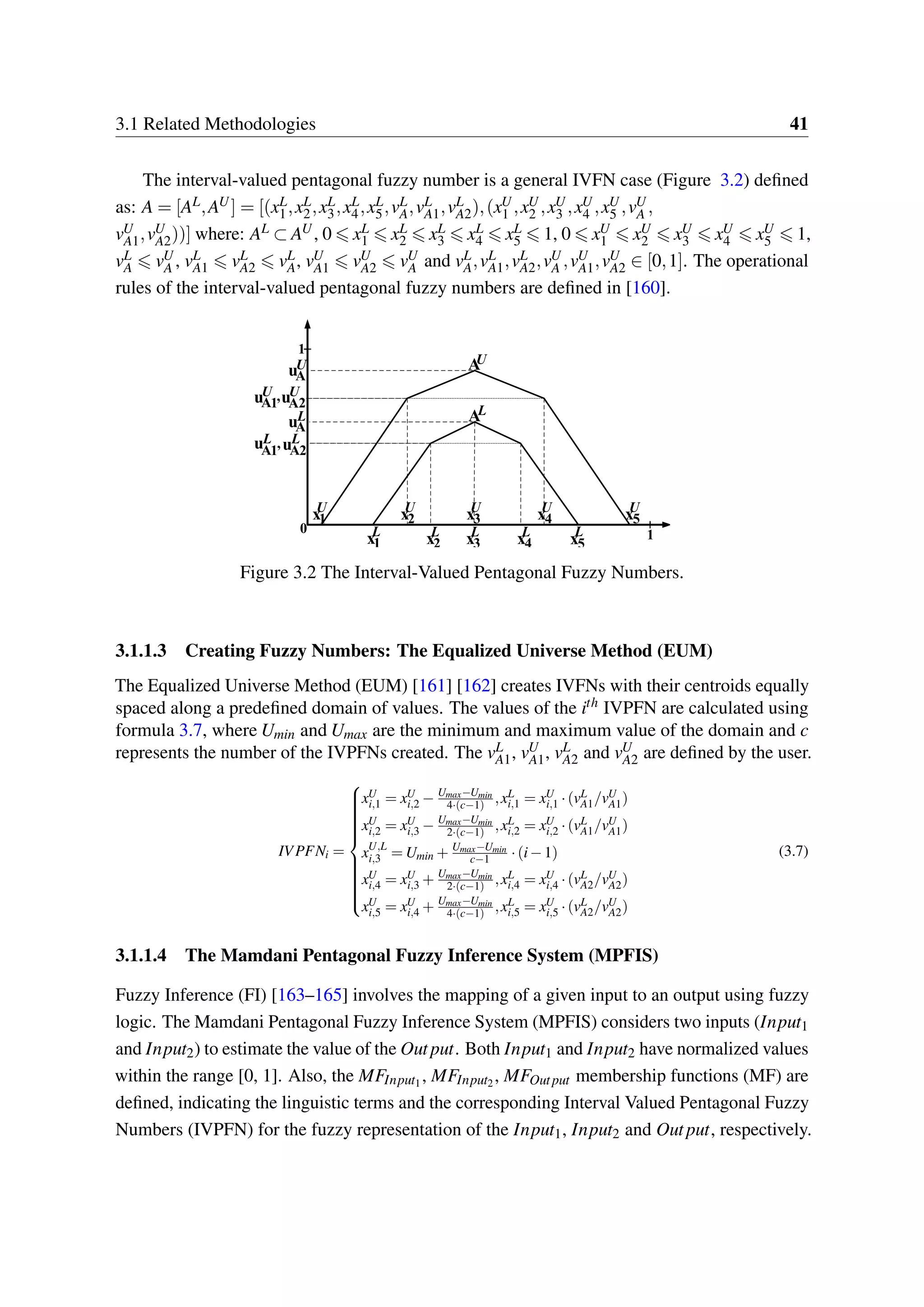 3.1 Related Methodologies 41
The interval-valued pentagonal fuzzy number is a general IVFN case (Figure 3.2) defined
as: A = [AL,AU] = [(xL
1,xL
2,xL
3,xL
4,xL
5,vL
A,vL
A1,vL
A2),(xU
1 ,xU
2 ,xU
3 ,xU
4 ,xU
5 ,vU
A ,
vU
A1,vU
A2))] where: AL ⊂ AU, 0 xL
1 xL
2 xL
3 xL
4 xL
5 1, 0 xU
1 xU
2 xU
3 xU
4 xU
5 1,
vL
A vU
A , vL
A1 vL
A2 vL
A, vU
A1 vU
A2 vU
A and vL
A,vL
A1,vL
A2,vU
A ,vU
A1,vU
A2 ∈ [0,1]. The operational
rules of the interval-valued pentagonal fuzzy numbers are defined in [160].
U
x1
L
x2
U
x2
L
x3
L
x3
U
x4
L
x4
U
x1
U
AL
AU
0
1
1x5
L
x5
U
1
1
2
2
uL
A
uL
A uL
A
uA
UuA
UuA
,
,
Figure 3.2 The Interval-Valued Pentagonal Fuzzy Numbers.
3.1.1.3 Creating Fuzzy Numbers: The Equalized Universe Method (EUM)
The Equalized Universe Method (EUM) [161] [162] creates IVFNs with their centroids equally
spaced along a predefined domain of values. The values of the ith IVPFN are calculated using
formula 3.7, where Umin and Umax are the minimum and maximum value of the domain and c
represents the number of the IVPFNs created. The vL
A1, vU
A1, vL
A2 and vU
A2 are defined by the user.
IVPFNi =



xU
i,1 = xU
i,2 − Umax−Umin
4·(c−1) ,xL
i,1 = xU
i,1 ·(vL
A1/vU
A1)
xU
i,2 = xU
i,3 − Umax−Umin
2·(c−1) ,xL
i,2 = xU
i,2 ·(vL
A1/vU
A1)
xU,L
i,3 = Umin + Umax−Umin
c−1 ·(i−1)
xU
i,4 = xU
i,3 + Umax−Umin
2·(c−1) ,xL
i,4 = xU
i,4 ·(vL
A2/vU
A2)
xU
i,5 = xU
i,4 + Umax−Umin
4·(c−1) ,xL
i,5 = xU
i,5 ·(vL
A2/vU
A2)
(3.7)
3.1.1.4 The Mamdani Pentagonal Fuzzy Inference System (MPFIS)
Fuzzy Inference (FI) [163–165] involves the mapping of a given input to an output using fuzzy
logic. The Mamdani Pentagonal Fuzzy Inference System (MPFIS) considers two inputs (Input1
and Input2) to estimate the value of the Output. Both Input1 and Input2 have normalized values
within the range [0, 1]. Also, the MFInput1, MFInput2, MFOutput membership functions (MF) are
defined, indicating the linguistic terms and the corresponding Interval Valued Pentagonal Fuzzy
Numbers (IVPFN) for the fuzzy representation of the Input1, Input2 and Output, respectively.
 