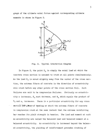 5
graph of the ultimate axial forces against corresponding ultimate
moments is shown in Figure 2.
I
O
rv/
~
I -
I ......-f
---
-
As fy
Fig, 2. Typical interaction diagram
In Figure 2, the point P0 is simply the axial load at which the
concrete cross section is assumed to crush at all points simultaneously.
As the load Pu is moved slightly away from the center of the cross sec-
tion, the extreme fibers of concrete in the direction of eccentricity
will crush before any other points of the cross section fail. Such
failures are said to be compression failures. Obviously as eccentri-
city e increases, Pu must decrease, and Mu which equals the product of
Pu and e, increases. There is a particular eccentricity for any cross
,.''( (~ ··'!'·-, . ~ .
·section a.net' p~helof b,e:s:ding at which the extreme fibers of concrete
in compression crush at the same instant that the extreme reinforcing
bar reaches its yield strength in tension. The load and moment at such
an eccentricity are called the balanced load and balanced moment at a
balanced eccentricity. As eccentricity is increased beyond the balanc-
ed eccentricity, the yielding of reinforcement precedes crushing of
 