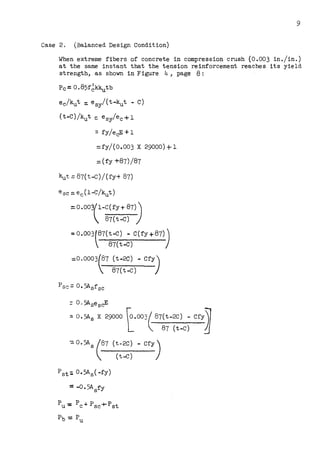 9
Case 2. (Balanced Design Condition)
When extreme fibers of concrete in compression crush (0.003 in./in.)
at the same instant that the tension reinforcement reaches its yield
strength, as shown in Figure 4, page 8:
Pc= o.85f~k~tb
ec/kut: e 8 y/(t-kut - C)
(t-C)/kut::. esy/ec+l
:: fy/e~ +1
=fy/ (0.003 X 29000) +1
::::: (fy +87) /87
kut =87(t-c)/(fy-t 87)
e 6 c::. ec(l-C/kut)
::0.003(1-C(fy-i- 87))
87(t-C) /
=0.003(87(t-C) - C(fy+87))
 87(t-C)
:0.0003(87 (t-2C) - Cfy)
 87(t-C)
=0. 5AsescE
=O. 5As X 29000 o .003/ 87(t-2C) - Cfyy
L  87 (t-C) J
-::; o.5As (87 (t-2C) - Cfy)·
(t-C)
Pst: 0.5A8 (-fy)
= -0.5A6 fy
pU : p C 4- p SC+ p St
Pb-:= Pu
 