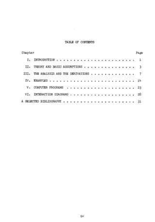 TABLE OF CONTENTS
Chapter
I. INTRODUCTION . . • • • • • • . . .. . . . . . . . .. . .
II. THEORY AND BASIC ASSUMPTIONS . . . . . . . . . . . . . . .
III. THE ANALYSIS AND THE DERIVATIONS . . . .. . . . . . . . . .
IV• EXAMPLES . . . . . . . . . . . . . . . . . . . . . . . . .
V. CO:MPUTER PROGRAMS . . .. . . . . . . . . . . . .. . ..
VI. INTERACTION DIAGRAMS . . . . . . . . . . . .. . . . . . .
A SELECTED BIBLIOGRAPHY • • . . . .. . . . . . . . . . . .. . .
iv
Page
1
3
7
14
23
28
31
 