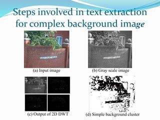 Steps involved in text extraction
for complex background image
(a) Input image (b) Gray scale image
(c) Output of 2D DWT (d) Simple background cluster
 