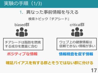 実験の手順（1/3)
1．異なった事前情報を与える
17
biased群
確証バイアスを有する群とそうではない群に分ける
critical群
チアシードは脂肪を燃焼
する成分を豊富に含む
ウェブ上の健康情報は
信頼できない情報が多い
ポジティブな情報 情報精査を促す情報
検索トピック「チアシード」
 