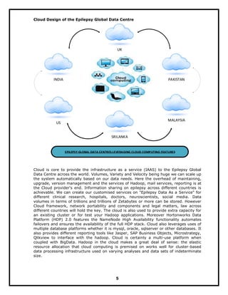 Cloud Design of the Epilepsy Global Data Centre
PAKISTAN
UK
INDIA
US
MALAYSIA
SRILANKA
EPILEPSY GLOBAL DATA CENTRES LEVERAGING CLOUD COMPUTING FEATURES
Cloud is core to provide the infrastructure as a service (IAAS) to the Epilepsy Global
Data Centre across the world. Volumes, Variety and Velocity being huge we can scale up
the system automatically based on our data needs. Here the overhead of maintaining,
upgrade, version management and the services of Hadoop, mail services, reporting is at
the Cloud provider's end. Information sharing on epilepsy across different countries is
achievable. We can create our customised services on "Epilepsy Data As a Service" for
different clinical research, hospitals, doctors, neuroscientists, social media. Data
volumes in terms of trillions and trillions of Zetabytes or more can be stored. However
Cloud framework, network portability and components and legal matters, law across
different countries will hold the key. The cloud is also used to provide extra capacity for
an existing cluster or for test your Hadoop applications. Moreover Hortonworks Data
Platform (HDP) 2.0 features the NameNode High Availability functionality automates
failovers and ensures the availability of the full HDP stack. Cloud also leverages uses of
multiple database platforms whether it is mysql, oracle, sqlserver or other databases. It
also provides different reporting tools like Jasper, SAP Business Objects, Microstrategy,
Qlikview to interface with the hadoop. Cloud is certainly a multi-use platform when
coupled with BigData. Hadoop in the cloud makes a great deal of sense: the elastic
resource allocation that cloud computing is premised on works well for cluster-based
data processing infrastructure used on varying analyses and data sets of indeterminate
size.
5
 