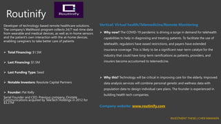 Routinify
Developer of technology-based remote healthcare solutions.
The company's WellAssist program collects 24/7 real-time data
from wearable and medical devices, as well as in-home sensors
and the patient's own interaction with the at-home devices,
enabling caregivers to take better care of patients
➢ Total Financing: $1.5M
➢ Last Financing: $1.5M
➢ Last Funding Type: Seed
➢ Notable Investors: Resolute Capital Partners
➢ Founder: Pat Kelly
Serial Founder and CEO. Previous company, Onstate
Communications acquired by TeleTech Holdings in 2012 for
$3.27M
Vertical: Virtual health/Telemedicine/Remote Monitoring
➢ Why now? The COVID-19 pandemic is driving a surge in demand for telehealth
capabilities to help in diagnosing and treating patients. To facilitate the use of
telehealth, regulators have eased restrictions, and payers have extended
insurance coverage. This is likely to be a significant near-term catalyst for the
industry that could have long-term ramifications as patients, providers, and
insurers become accustomed to telemedicine.
➢ Why this? Technology will be critical in improving care for the elderly. Improved
data analysis services will combine personal genetic and wellness data with
population data to design individual care plans. The founder is experienced in
building health tech companies.
Company website: www.routinify.com
INVESTMENT THESIS | CHIDI NWANKPA
 
