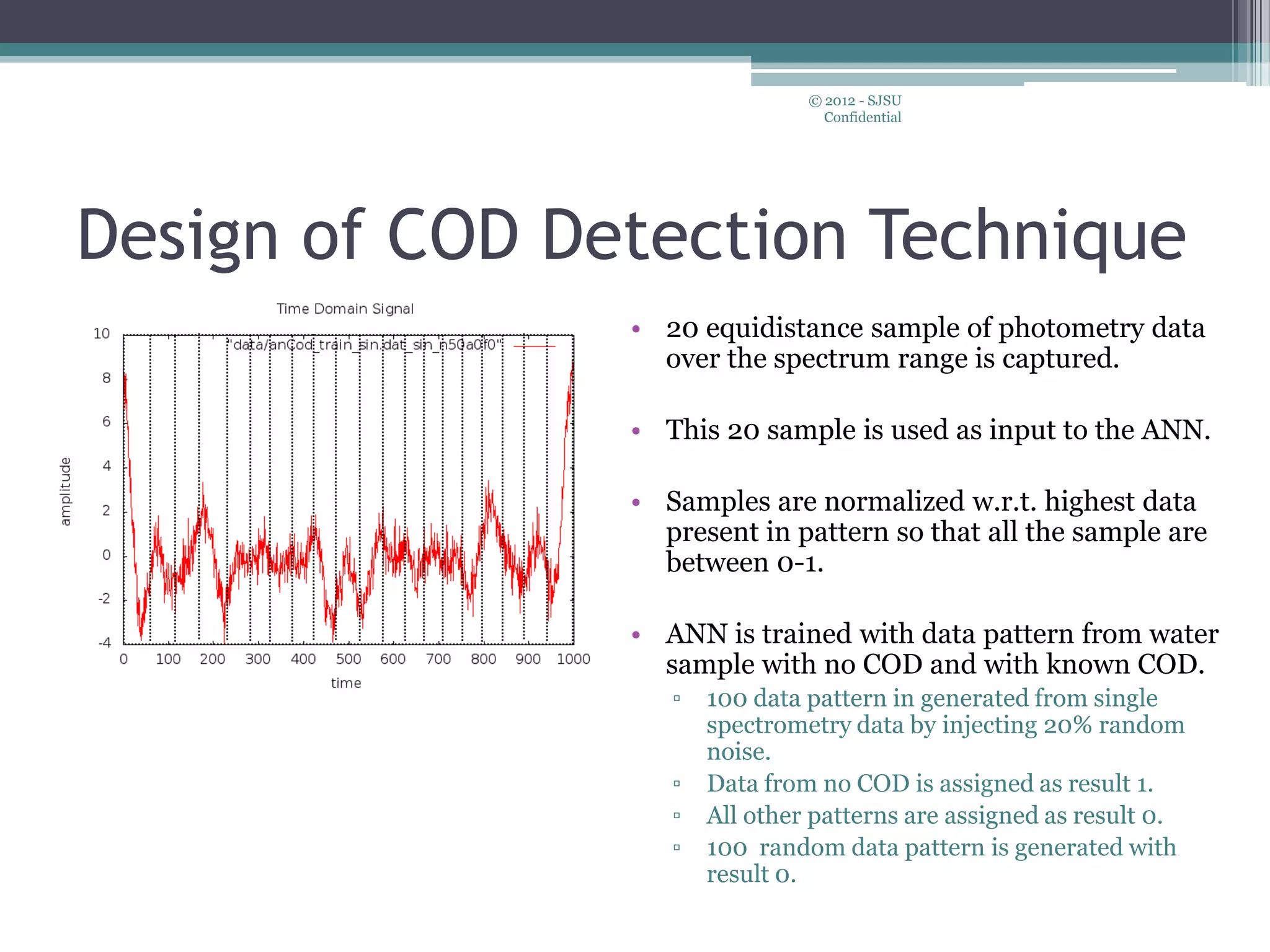 Design of COD Detection Technique
• 20 equidistance sample of photometry data
over the spectrum range is captured.
• This 20 sample is used as input to the ANN.
• Samples are normalized w.r.t. highest data
present in pattern so that all the sample are
between 0-1.
• ANN is trained with data pattern from water
sample with no COD and with known COD.
▫ 100 data pattern in generated from single
spectrometry data by injecting 20% random
noise.
▫ Data from no COD is assigned as result 1.
▫ All other patterns are assigned as result 0.
▫ 100 random data pattern is generated with
result 0.
© 2012 - SJSU
Confidential
 