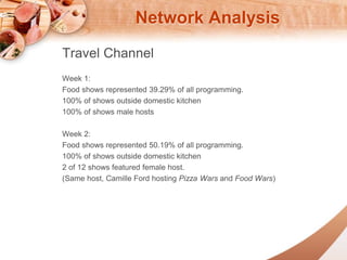 Network Analysis 
Travel Channel 
Week 1: 
Food shows represented 39.29% of all programming. 
100% of shows outside domestic kitchen 
100% of shows male hosts 
Week 2: 
Food shows represented 50.19% of all programming. 
100% of shows outside domestic kitchen 
2 of 12 shows featured female host. 
(Same host, Camille Ford hosting Pizza Wars and Food Wars) 
 