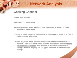 Network Analysis 
Cooking Channel 
1 week only: 2nd week 
48 shows / 123 hours on-air 
Air-time by gender: males 53.66% of time. Consistent w/ week 2 of Food 
Network for same period.. 
Quantity of shows by gender: comparable to Food Network Week 2. 52.08% of 
shows featured male hosts. 
Location by gender: More domestic instructional cooking shows than Food 
Network. Lower % of these shows featured female hosts. Indicating more 
instances of convergence. Also increase of females in non-domestic 
settings. However, majority still sex-typed consistent w/ other channels 
findings. 
 
