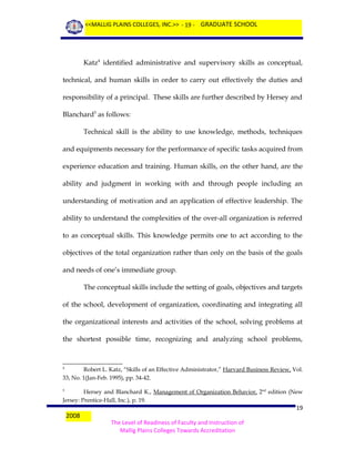 <<MALLIG PLAINS COLLEGES, INC.>> - 19 - GRADUATE SCHOOL

Katz4 identified administrative and supervisory skills as conceptual,
technical, and human skills in order to carry out effectively the duties and
responsibility of a principal. These skills are further described by Hersey and
Blanchard5 as follows:
Technical skill is the ability to use knowledge, methods, techniques
and equipments necessary for the performance of specific tasks acquired from
experience education and training. Human skills, on the other hand, are the
ability and judgment in working with and through people including an
understanding of motivation and an application of effective leadership. The
ability to understand the complexities of the over-all organization is referred
to as conceptual skills. This knowledge permits one to act according to the
objectives of the total organization rather than only on the basis of the goals
and needs of one’s immediate group.
The conceptual skills include the setting of goals, objectives and targets
of the school, development of organization, coordinating and integrating all
the organizational interests and activities of the school, solving problems at
the shortest possible time, recognizing and analyzing school problems,

Robert L. Katz, “Skills of an Effective Administrator,” Harvard Business Review, Vol.
33, No. 1(Jan-Feb. 1995), pp. 34-42.
4

Hersey and Blanchard K., Management of Organization Behavior, 2nd edition (New
Jersey: Prentice-Hall, Inc.), p. 19.
5

2008

19
The Level of Readiness of Faculty and Instruction of
Mallig Plains Colleges Towards Accreditation

 