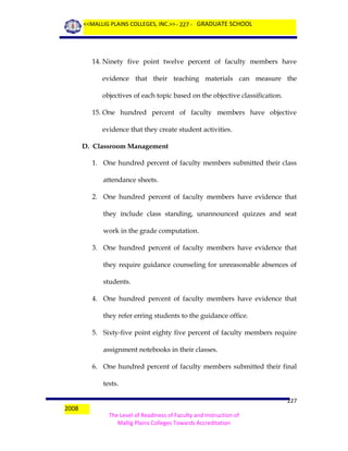 <<MALLIG PLAINS COLLEGES, INC.>> - 227 - GRADUATE SCHOOL

14. Ninety five point twelve percent of faculty members have
evidence that their teaching materials can measure the
objectives of each topic based on the objective classification.
15. One hundred percent of faculty members have objective
evidence that they create student activities.
D. Classroom Management
1. One hundred percent of faculty members submitted their class
attendance sheets.
2. One hundred percent of faculty members have evidence that
they include class standing, unannounced quizzes and seat
work in the grade computation.
3. One hundred percent of faculty members have evidence that
they require guidance counseling for unreasonable absences of
students.
4. One hundred percent of faculty members have evidence that
they refer erring students to the guidance office.
5. Sixty-five point eighty five percent of faculty members require
assignment notebooks in their classes.
6. One hundred percent of faculty members submitted their final
tests.
2008

227
The Level of Readiness of Faculty and Instruction of
Mallig Plains Colleges Towards Accreditation

 