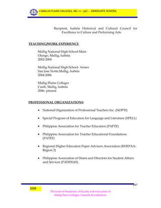 <<MALLIG PLAINS COLLEGES, INC.>> - 247 - GRADUATE SCHOOL

Recipient, Isabela Historical and Cultural Council for
Excellence in Culture and Performing Arts
TEACHING/WORK EXPERIENCE
Mallig National High School-Main
Olango, Mallig, Isabela
2002-2004
Mallig National High School- Annex
San Jose Norte,Mallig, Isabela
2004-2006
Mallig Plains Colleges
Casili, Mallig, Isabela
2006- present
PROFESSIONAL ORGANIZATIONS
•
•

Special Program of Education for Language and Literature (SPELL)

•

Philippine Association for Teacher Education (PAFTE)

•

Philippine Association for Teacher Educational Foundations
(PATEF)

•

Regional Higher Education Paper Advisers Association (RHEPAARegion 2)

•

2008

National Organization of Professional Teachers Inc. (NOPTI)

Philippine Association of Deans and Directors for Student Affairs
and Services (PADDSAS)

247
The Level of Readiness of Faculty and Instruction of
Mallig Plains Colleges Towards Accreditation

 