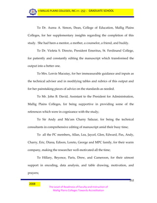 <<MALLIG PLAINS COLLEGES, INC.>> - 252 - GRADUATE SCHOOL

To Dr. Aurea A. Simon, Dean, College of Education, Mallig Plains
Colleges, for her supplementary insights regarding the completion of this
study. She had been a mentor, a mother, a counselor, a friend, and buddy.
To Dr. Violeta S. Directo, President Emeritus, St. Ferdinand College,
for patiently and constantly editing the manuscript which transformed the
output into a better one.
To Mrs. Lorvie Macutay, for her immeasurable guidance and inputs as
the technical adviser and in modifying tables and rubrics of this output and
for her painstaking pieces of advice on the standards as needed.
To Mr. John B. David, Assistant to the President for Administration,
Mallig Plains Colleges, for being supportive in providing some of the
references which were in cognizance with the study;
To Sir Andy and Ma’am Charry Salazar, for being the technical
consultants in comprehensive editing of manuscript amid their busy time;
To all the PC members, Allan, Lea, Jaycel, Glen, Edward, Pax, Andy,
Charry, Eric, Diana, Edison, Loreto, George and MPC family, for their warm
company, making the researcher well-motivated all the time;
To Hillary, Beyonce, Paris, Drew, and Cameroon, for their utmost
support in encoding, data analysis, and table drawing, motivation, and
prayers;
2008

252
The Level of Readiness of Faculty and Instruction of
Mallig Plains Colleges Towards Accreditation

 