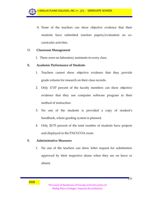 <<MALLIG PLAINS COLLEGES, INC.>> - 271 - GRADUATE SCHOOL

8. None of the teachers can show objective evidence that their
students have submitted reaction papers/evaluation on cocurricular activities.
D.

Classroom Management
1. There were no laboratory assistants in every class.

E.

Academic Performance of Students
1.

Teachers cannot show objective evidence that they provide
grade column for research on their class records.

2.

Only 17.07 percent of the faculty members can show objective
evidence that they use computer software program in their
method of instruction.

3.

No one of the students is provided a copy of student’s
handbook, where grading system is planned.

4.

Only 20.75 percent of the total number of students have projects
and displayed in the PACUCOA room.

F.

Administrative Measures
1.

No one of the teachers can show letter request for substitution
approved by their respective deans when they are on leave or
absent.

2008

271
The Level of Readiness of Faculty and Instruction of
Mallig Plains Colleges Towards Accreditation

 
