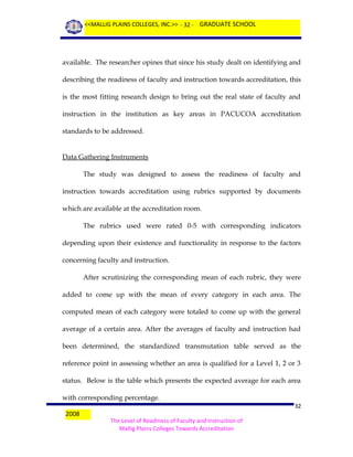 <<MALLIG PLAINS COLLEGES, INC.>> - 32 - GRADUATE SCHOOL

available. The researcher opines that since his study dealt on identifying and
describing the readiness of faculty and instruction towards accreditation, this
is the most fitting research design to bring out the real state of faculty and
instruction in the institution as key areas in PACUCOA accreditation
standards to be addressed.
Data Gathering Instruments
The study was designed to assess the readiness of faculty and
instruction towards accreditation using rubrics supported by documents
which are available at the accreditation room.
The rubrics used were rated 0-5 with corresponding indicators
depending upon their existence and functionality in response to the factors
concerning faculty and instruction.
After scrutinizing the corresponding mean of each rubric, they were
added to come up with the mean of every category in each area. The
computed mean of each category were totaled to come up with the general
average of a certain area. After the averages of faculty and instruction had
been determined, the standardized transmutation table served as the
reference point in assessing whether an area is qualified for a Level 1, 2 or 3
status. Below is the table which presents the expected average for each area
with corresponding percentage.
2008

32
The Level of Readiness of Faculty and Instruction of
Mallig Plains Colleges Towards Accreditation

 
