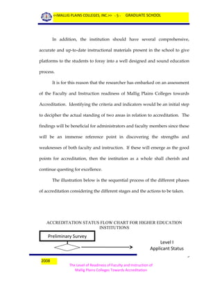 <<MALLIG PLAINS COLLEGES, INC.>> - 5 -

GRADUATE SCHOOL

In addition, the institution should have several comprehensive,
accurate and up-to-date instructional materials present in the school to give
platforms to the students to foray into a well designed and sound education
process.
It is for this reason that the researcher has embarked on an assessment
of the Faculty and Instruction readiness of Mallig Plains Colleges towards
Accreditation. Identifying the criteria and indicators would be an initial step
to decipher the actual standing of two areas in relation to accreditation. The
findings will be beneficial for administrators and faculty members since these
will be an immense reference point in discovering the strengths and
weaknesses of both faculty and instruction. If these will emerge as the good
points for accreditation, then the institution as a whole shall cherish and
continue questing for excellence.
The illustration below is the sequential process of the different phases
of accreditation considering the different stages and the actions to be taken.

ACCREDITATION STATUS FLOW CHART FOR HIGHER EDUCATION
INSTITUTIONS

Preliminary Survey

2008

Level I
Applicant Status
5

The Level of Readiness of Faculty and Instruction of
Mallig Plains Colleges Towards Accreditation

 
