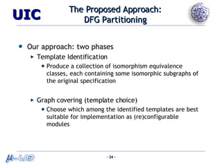 The Proposed Approach: DFG Partitioning Our approach: two phases Template Identification Produce a collection of isomorphism equivalence classes, each containing some isomorphic subgraphs of the original specification Graph covering (template choice) Choose which among the identified templates are best suitable for implementation as (re)configurable modules 