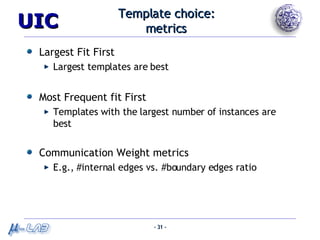 Template choice: metrics Largest Fit First Largest templates are best Most Frequent fit First Templates with the largest number of instances are best Communication Weight metrics E.g., #internal edges vs. #boundary edges ratio 