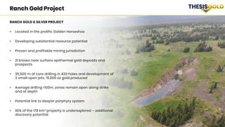 4 TSX/V: TAU WKN: A2QQ0Y THESISGOLD.COM
RANCH GOLD & SILVER PROJECT
• Located in the prolific Golden Horseshoe
• Developing substantial resource potential
• Proven and profitable mining jurisdiction
• 21 known near surface epithermal gold deposits and
prospects
• 35,500 m of core drilling in 433 holes and development of
3 small open pits; 10,000 oz gold produced
• Average drilling <100m, zones remain open along strike
and at depth
• Potential link to deeper porphyry system
• 90% of the 178 km2 property is underexplored – additional
discovery potential
Ranch Gold Project
 