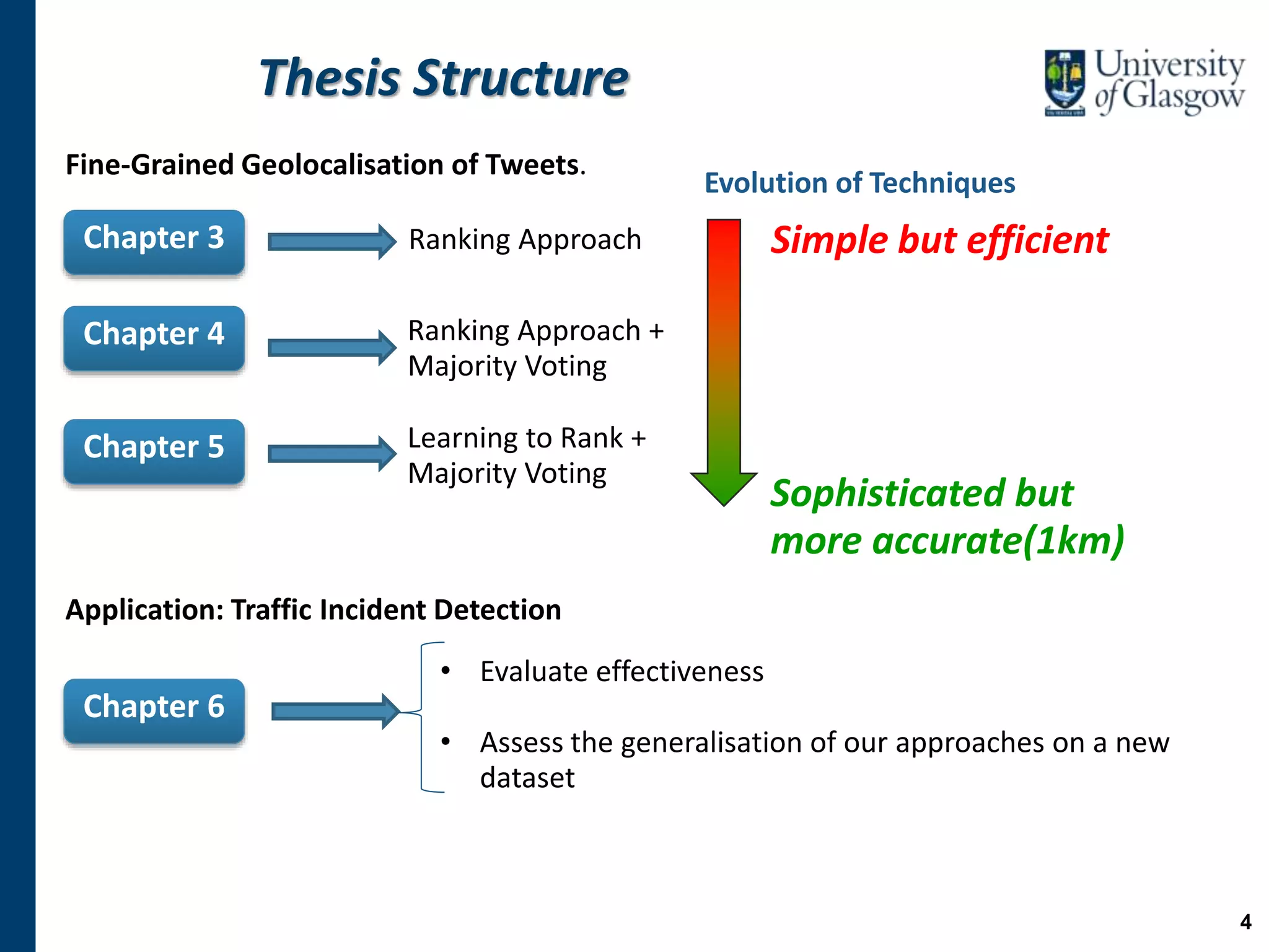 Thesis Structure
Chapter 3
Chapter 4
Chapter 5
Chapter 6
Fine-Grained Geolocalisation of Tweets.
Application: Traffic Incident Detection
Ranking Approach
Ranking Approach +
Majority Voting
Learning to Rank +
Majority Voting
Sophisticated but
more accurate(1km)
Simple but efficient
• Evaluate effectiveness
• Assess the generalisation of our approaches on a new
dataset
Evolution of Techniques
4
 