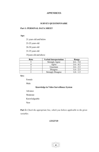 APPENDICES



                         SURVEY QUESTIONNAIRE

Part 1: PERSONAL DATA SHEET


Age:
       21 years old and below
       21-25 years old
       26-30 years old
       31-35 years old
       35years old and above

             Rate           Verbal Interpretation             Range
              5                Strongly Agree                4.6 – 5.0
              4                     Agree                    3.6 – 4.5
              3                   Uncertain                  2.6 – 3.5
              2                   Disagree                   1.6 – 2.5
              1               Strongly Disagree              1.0 – 1.5
Sex:
       Female
       Male
                    Knowledge in Video Surveillance System
       Advance
       Moderate
       Knowledgeable
       New


Part 2: Check the appropriate box, which you believe applicable to the given
variables.


                                  LEGEND




                                        4
 