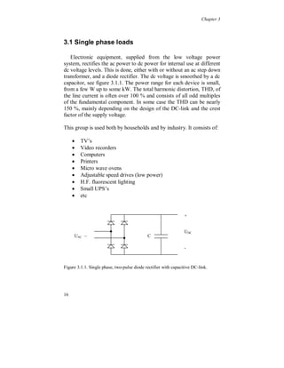 Chapter 2


Unbalanced conditions, Symmetrical components

During load unbalance or unbalance of the power system all
harmonics and the fundamental can consist of any sequence
component.

          U1( n )     1 a a 2  U R ( n) 
                    1                   
          U 2( n )   1 a                     a  e j120
                                                              
                             2
                               a  U S( n )                       (2.22)
          U  3 1 1 1  U 
           0( n )               T(n) 

In most cases the “natural” sequence component is dominating for
each harmonic with small contribution from the other sequences, but
for the triplen harmonics there can during some conditions be only
positive- and/or negative components.

See also chapter 3 and 4.




12
 