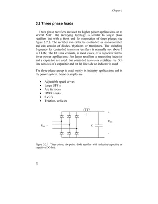 Chapter 3




Figure 3.1.3. Frequency spectra with phase angles of the phase current. Current
THD is 120 %. (Amplitudes in RMS)

In the ideal case (with sinusoidal voltage, resistive source impedance
and constant DC-link voltage) the phase angle of the 3:rd, 7:th, 11:th
and so forth is negative (180 degrees). The phase angle of the 5:th,
9:th, 13:th and so forth is positive, likewise the fundamental
component (0 degrees). In reality there is a small deviation from this
due to the design of the DC-link, background voltage distortion and
the source impedance.

A thyristor rectifier will shift the fundamental current component a
certain angle  and all the harmonics an angle n time . Where n is
the harmonic order. The amplitude of the fundamental component and
of each harmonic changes depending on the design of the DC-link
and the type of load.

Some device uses a small line side inductor and transistors, instead of
diodes, which are switched with a high frequency, around 30 kHz.
Several different rectifier configurations exist, also with different
switching frequencies. The advantage is that the line current becomes
more sinusoidal but contains a high frequency ripple, see figure 3.1.4,
sometimes up to 100 kHz.


18
 