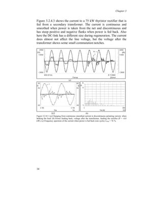 Chapter 3


3.2.3 Non symmetrical current waveforms

  Figure 3.2.3.1 shows the current to a 34 kW diode rectifier, used for
several servos in a milling machine. The current is discontinuous and
non-symmetrical, the smoothing inductor is absent. It includes both
even and inter-harmonics and a DC-offset. The irregular behavior of
the current is due to the intermittent power consumption of the servo
load. The line voltage is not affected.




                                   (a)




                (b)                                   (c)




                                     (d)
Figure 3.2.3.1. (a) Discontinuous non-symmetrical current. (b) Analyzed period, which is not
representative for the frequency spectrum of any other period. (c) Frequency spectrum of the current
(one cycle), ITHD = 105 % (UTHD = 1.1 %). (d) Frequency spectrum taken over 10 cycles.




30
 