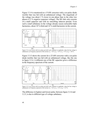 Chapter 3


  A small, or no, smoothing inductor leads to large current distortion
with two current pulses per half cycle. When the inductor is absent
the positive current flanks can be steep depending on the size of the
DC capacitor and the crest factor of the line voltage. A small
capacitor can cause a high frequency ripple.

A large inductance smoothes the top of the current waveform but
introduces instead steep flanks, which are stiff. If the relative load
size is large, above 40 % of the transformer rating, and the rectifier is
current stiff it could cause serious commutation notches in the
voltage. The commutation time can be reduced with a thyristor
rectifier, due to a higher commutation voltage when the firing of the
thyristor is delayed. This increases the derivative of the current
flanks. The momentary voltage drop is proportional to the derivative
of the current.

Line side inductors reduce the current and voltage distortion in the
supply network, but can introduce large voltage distortion feeding the
rectifier. For thyristor and transistor rectifiers there can be a risk for
disturbing it self, e.g. the voltage zero crossing can be affected.




36
 