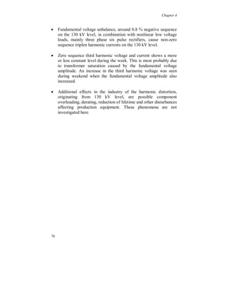 Chapter 4


Time variation of the 3:rd harmonic symmetrical components

The zero sequence component of the 3:rd harmonic voltage increases
during the weekend due to the increase in the fundamental voltage,
see also figure 4.3.2. The 3:rd harmonic voltage distortion is of course
the resulting voltage for the whole 130 kV system and loads.




Figure 4.3.16. Third harmonic positive (light dark), negative (light) and zero (dark)
sequence voltage.




70
 