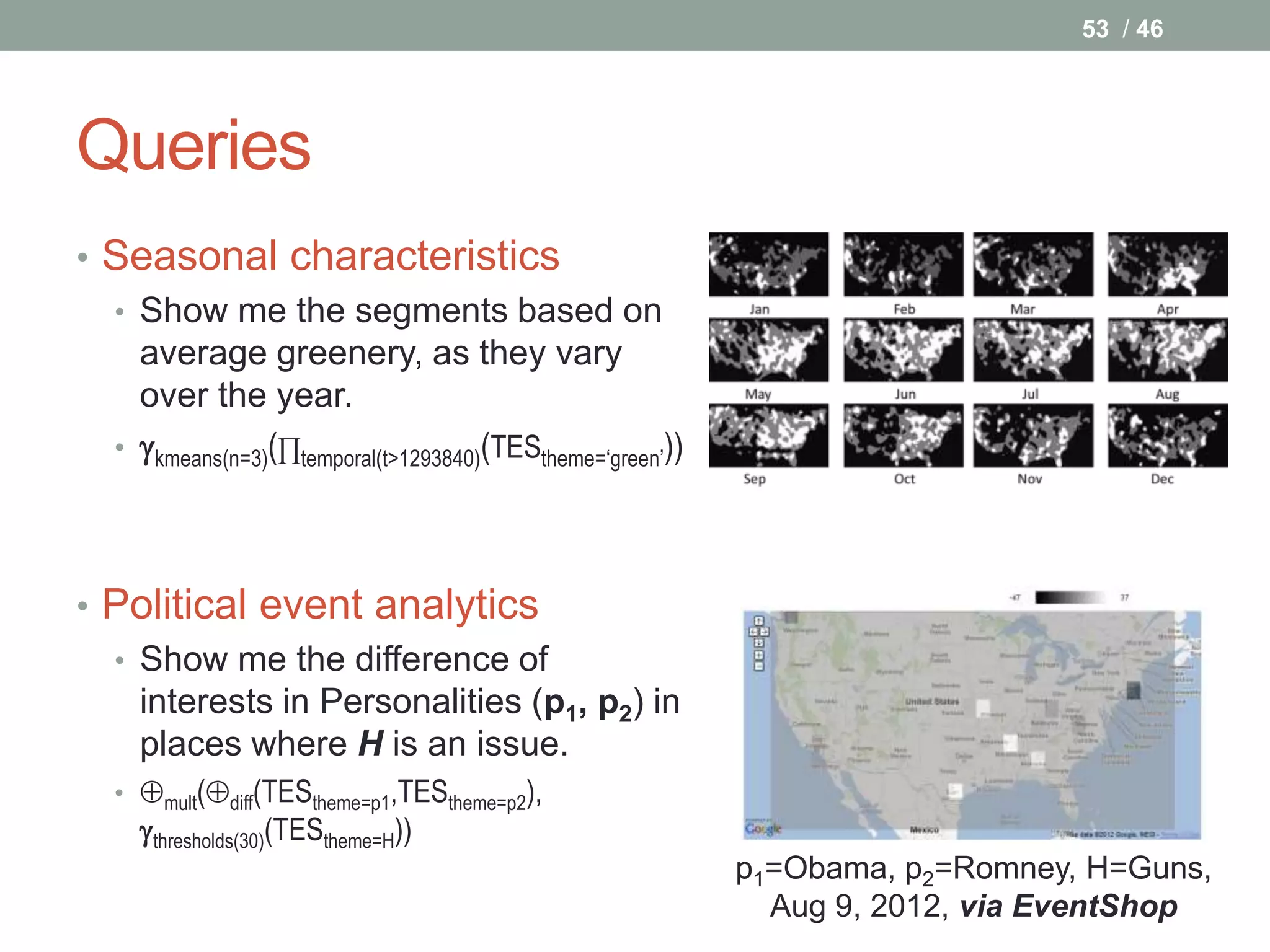 53 / 46




Queries
• Seasonal characteristics
  • Show me the segments based on
    average greenery, as they vary
    over the year.
  • kmeans(n=3)(∏temporal(t>1293840)(TEStheme=‘green’))




• Political event analytics
  • Show me the difference of
    interests in Personalities (p1, p2) in
    places where H is an issue.
   • mult(diff(TEStheme=p1,TEStheme=p2),
     thresholds(30)(TEStheme=H))
                                                           p1=Obama, p2=Romney, H=Guns,
                                                             Aug 9, 2012, via EventShop
 