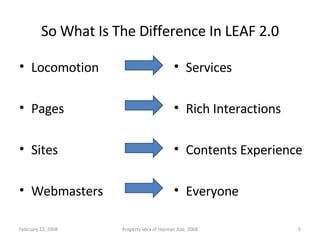 So What Is The Difference In LEAF 2.0 Locomotion Pages Sites Webmasters Services Rich Interactions Contents Experience Everyone June 1, 2009 Property Idea of Hazman Aziz, 2008 