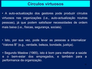 Círculos virtuosos

• A auto-actualização dos gestores pode produzir círculos
virtuosos nas organizações (i.e., auto-actualização noutras
pessoas), já que podem satisfazer necessidades de ordem
mais baixa (i.e., físicas, segurança, sociais).



• Isto, por sua vez, pode levar as pessoas a internalizar
“Valores B” (e.g., verdade, beleza, bondade, justiça).

• Segundo Maslow (1965), isto é bom para melhorar a saúde
e o bem-estar dos empregados, e também para a
performance da organização.
                                                        10
 