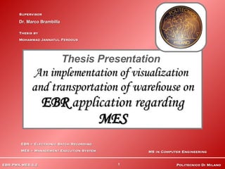 Thesis Presentation   An implementation of visualization   and transportation of warehouse on EBR  application regarding  MES Supervisor Dr. Marco Brambilla Thesis by  Mohammad Jannatul Ferdous EBR = Electronic Batch Recording MES = Management Execution System MS in Computer Engineering 