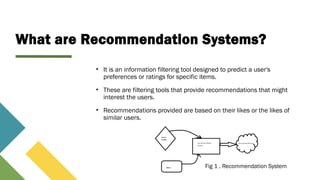 What are Recommendation Systems?
• It is an information filtering tool designed to predict a user's
preferences or ratings for specific items.
• These are filtering tools that provide recommendations that might
interest the users.
• Recommendations provided are based on their likes or the likes of
similar users.
Some Popular Websites that use Recommendation System
Fig 1 . Recommendation System
 