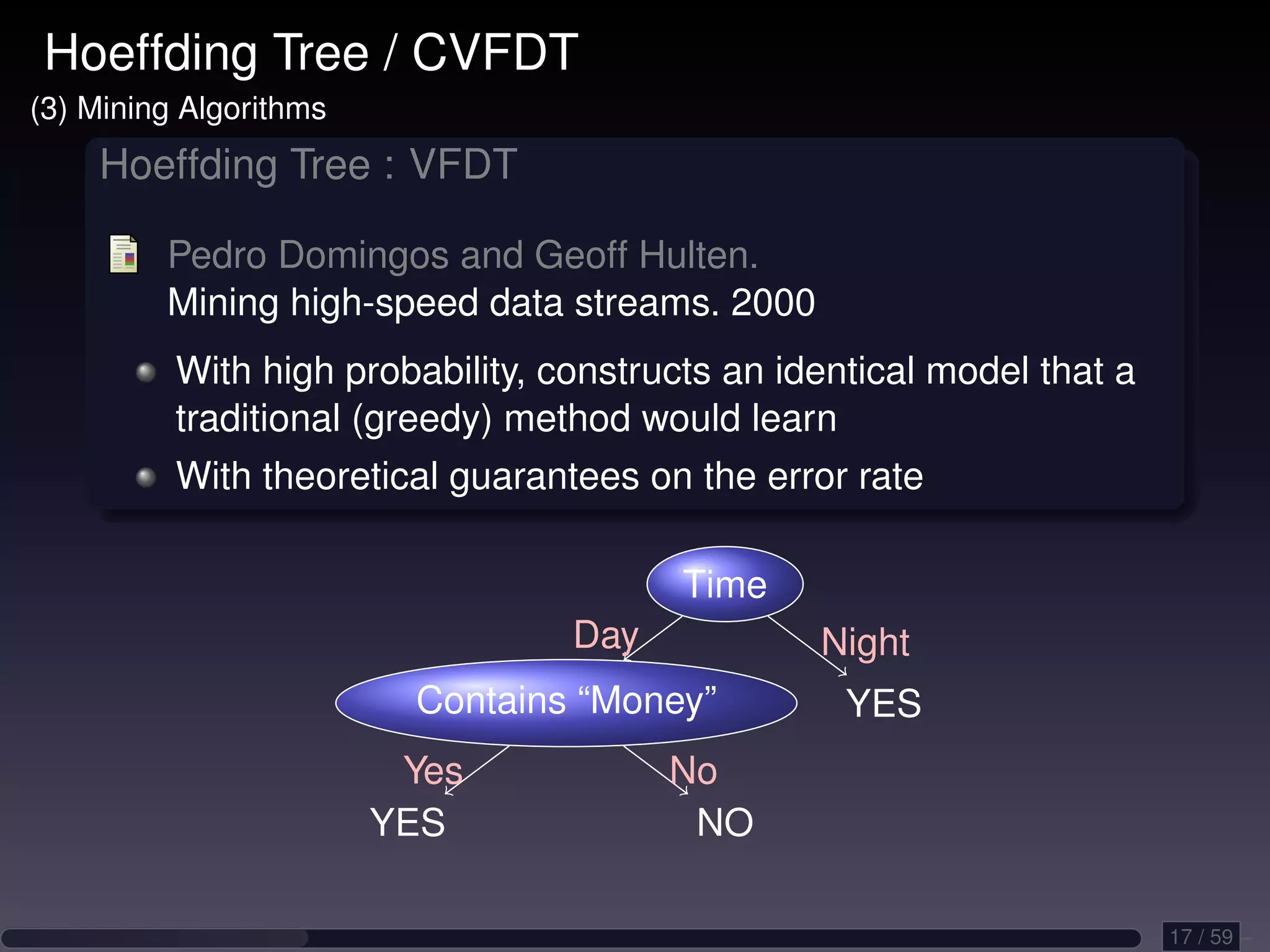Hoeffding Tree / CVFDT (3) Mining Algorithms Hoeffding Tree : VFDT Pedro Domingos and Geoff Hulten. Mining high-speed data streams. 2000 With high probability, constructs an identical model that a traditional (greedy) method would learn With theoretical guarantees on the error rate Time Day Night Contains “Money” YES Yes No YES NO 17 / 59 